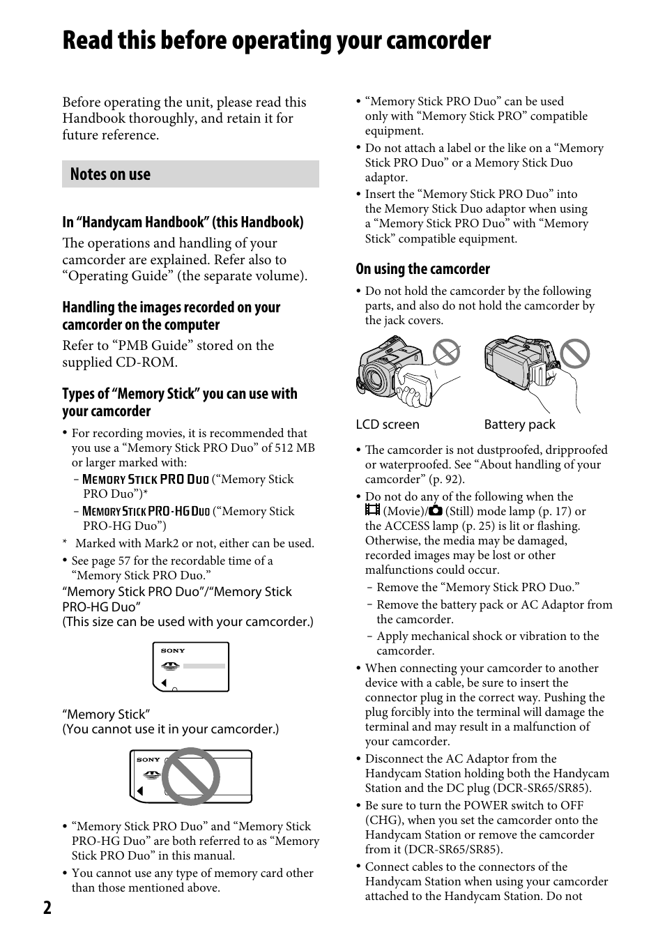 Read this before operating your camcorder, On using the camcorder | Sony DCR-SR46BDL User Manual | Page 2 / 108