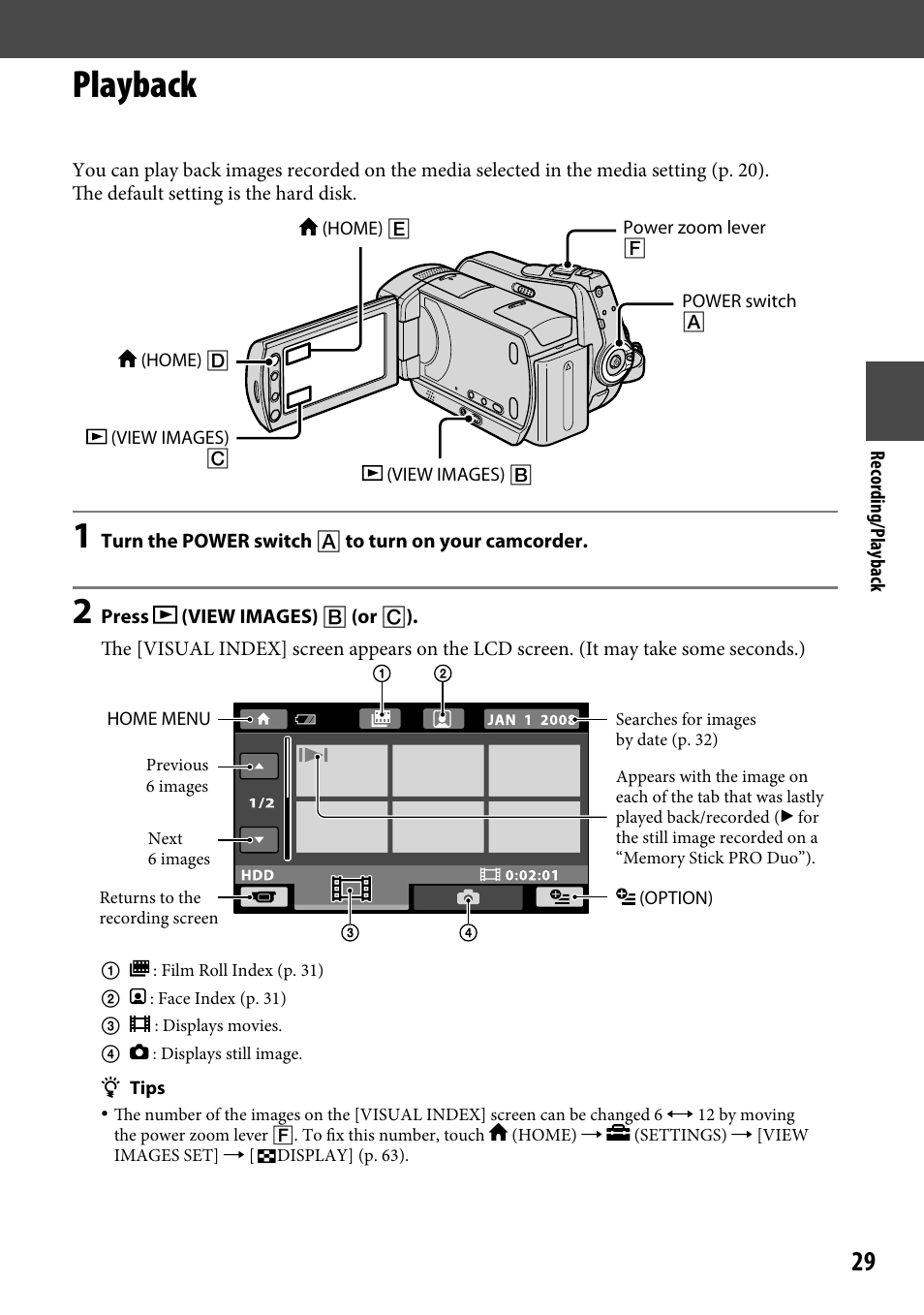 Playback | Sony DCR-SR46BDL User Manual | Page 29 / 108