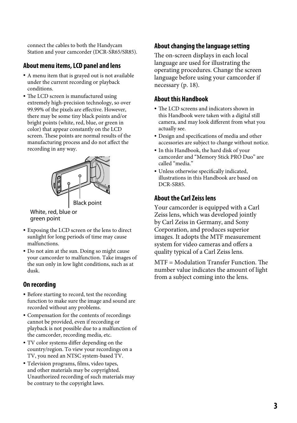 About menu items, lcd panel and lens, On recording, About changing the language setting | About this handbook, About the carl zeiss lens | Sony DCR-SR46BDL User Manual | Page 3 / 108