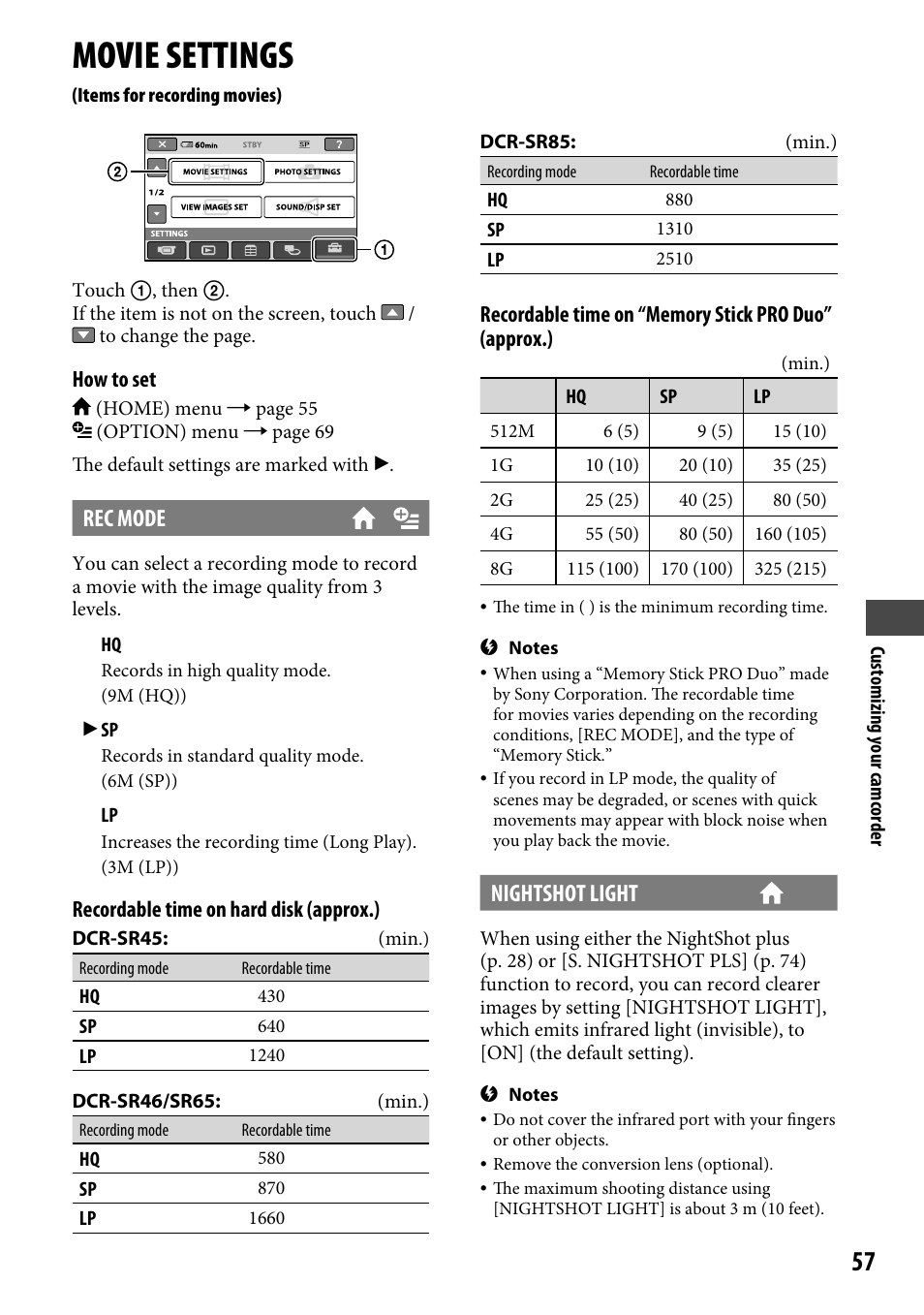 Movie settings (items for recording movies), Movie settings, Rec mode | Nightshot light | Sony DCR-SR46BDL User Manual | Page 57 / 108