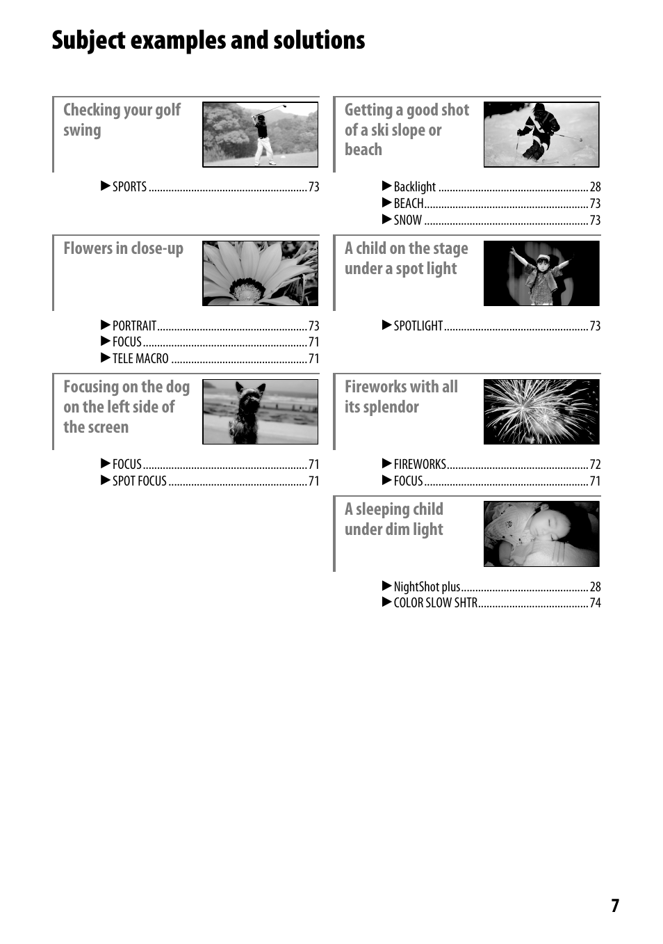 Subject examples and solutions | Sony DCR-SR46BDL User Manual | Page 7 / 108