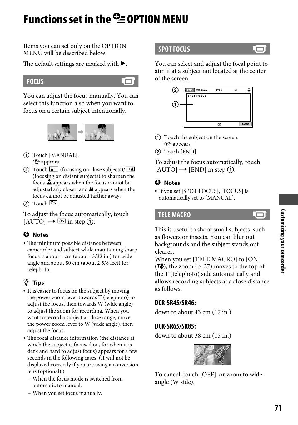 Functions set in the option menu, Focus, Spot focus | Tele macro, Dcr-sr5/sr6, Dcr-sr65/sr85 | Sony DCR-SR46BDL User Manual | Page 71 / 108