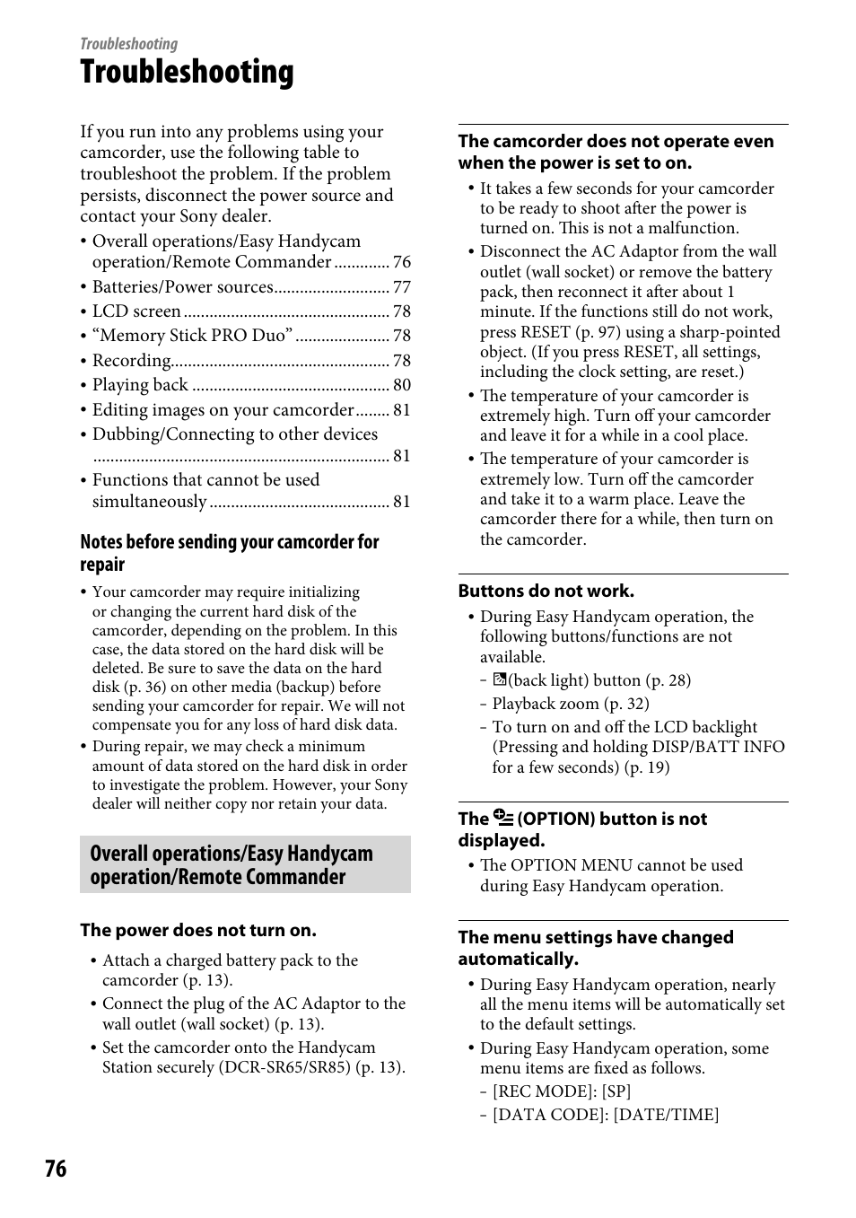 Troubleshooting | Sony DCR-SR46BDL User Manual | Page 76 / 108