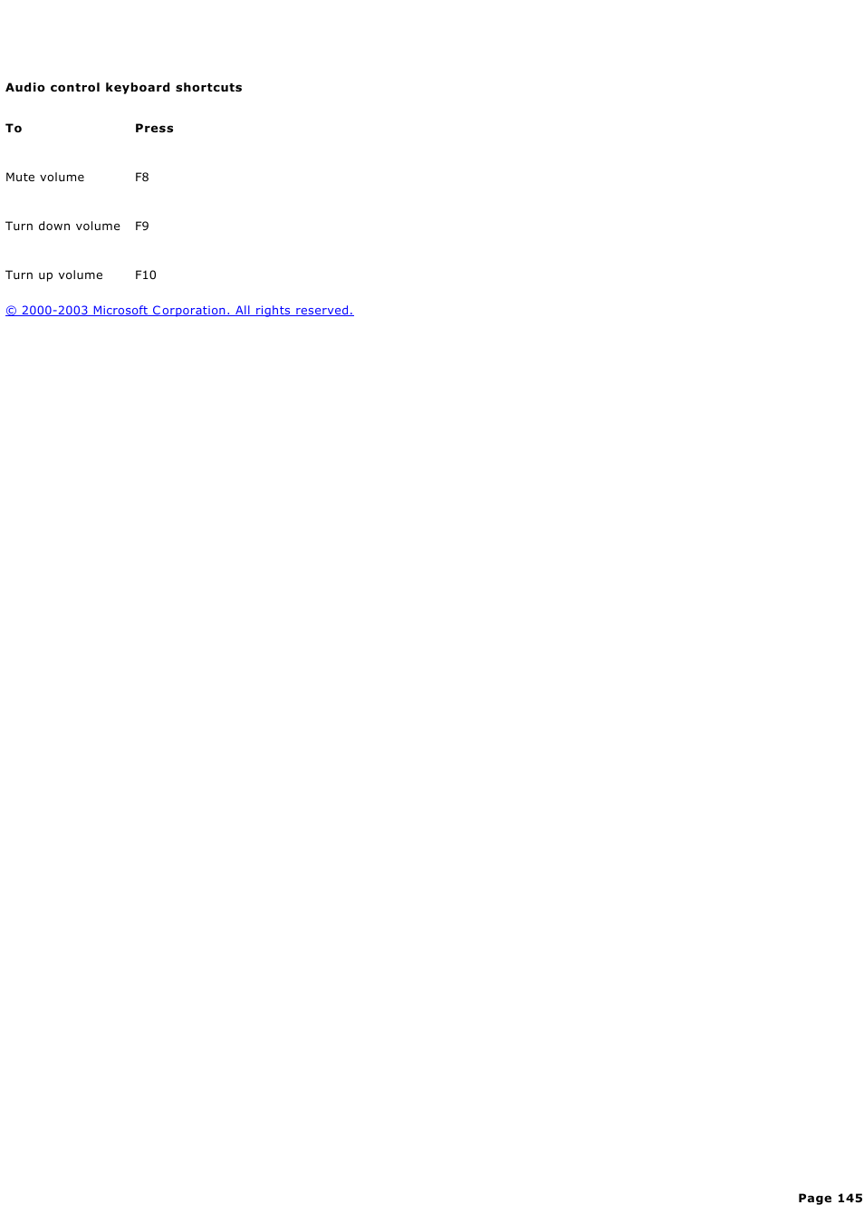 Audio control keyboard shortcuts | Sony PCV-RZ45G User Manual | Page 145 / 459