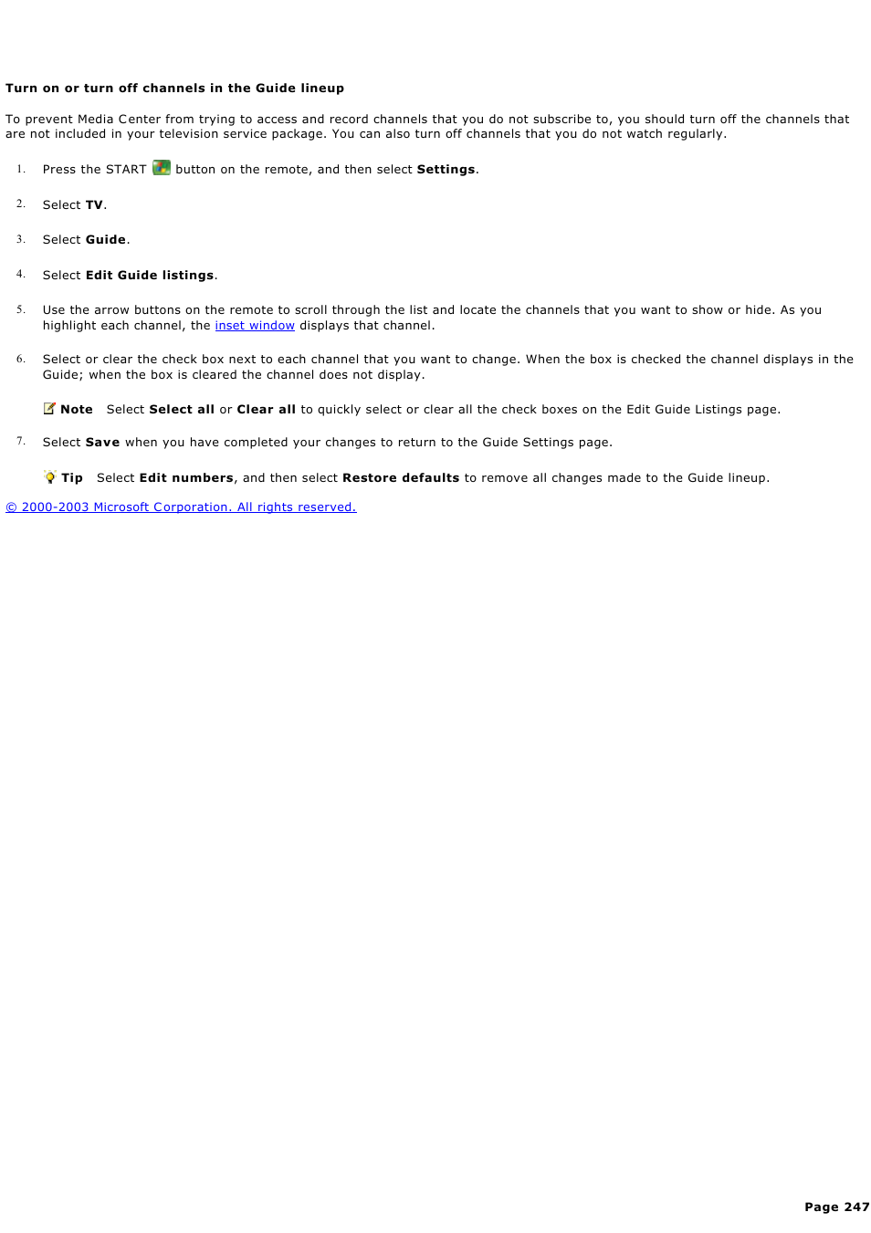 Turn on or turn off channels in the guide lineup | Sony PCV-RZ45G User Manual | Page 247 / 459