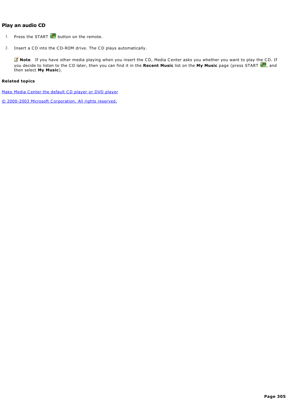 Play an audio cd, Play an audio c d | Sony PCV-RZ45G User Manual | Page 305 / 459