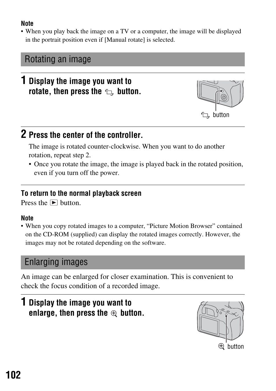 N (102), Tton (102), Rotating an image | Enlarging images | Sony DSLR-A350 User Manual | Page 102 / 167