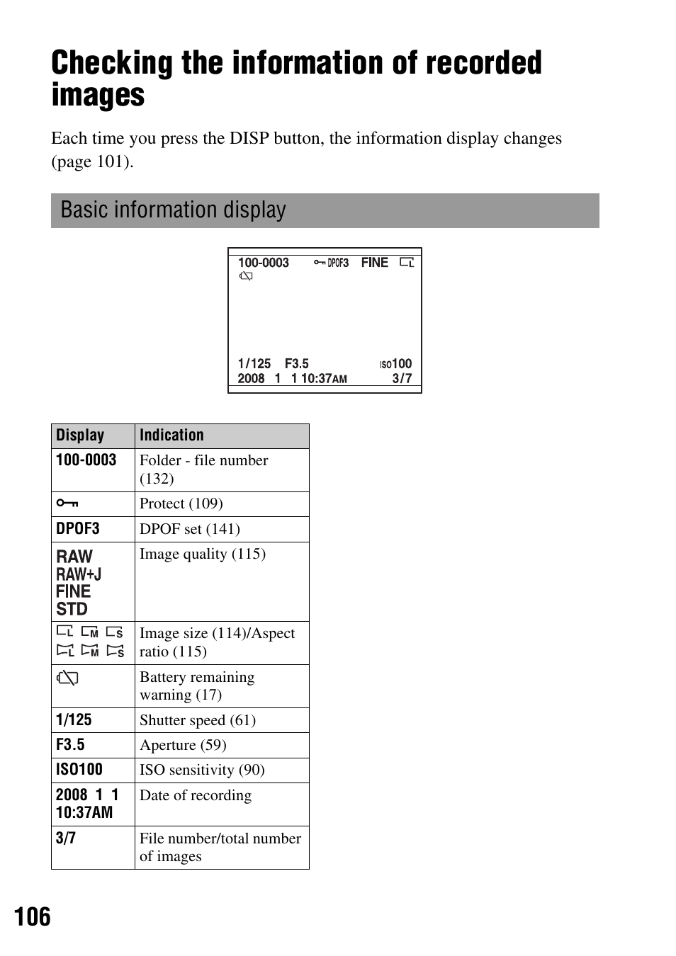 Checking the information of recorded images, Basic information display | Sony DSLR-A350 User Manual | Page 106 / 167