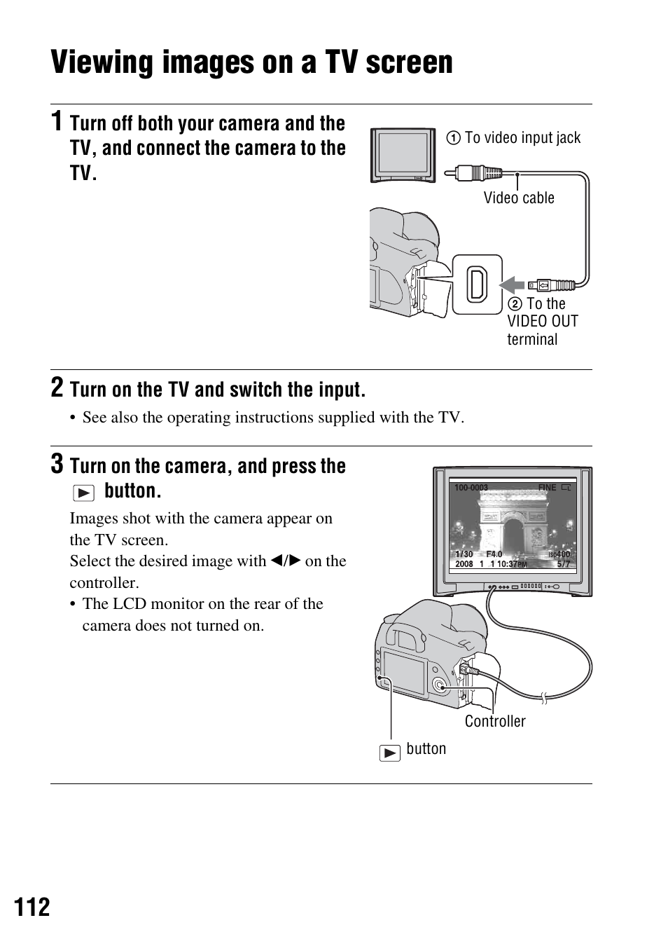 Viewing images on a tv screen | Sony DSLR-A350 User Manual | Page 112 / 167