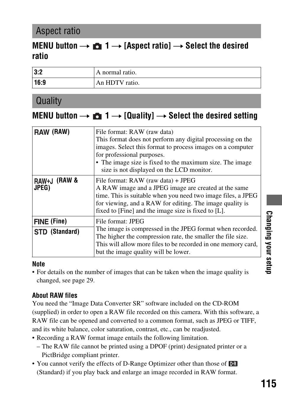 Y (115), O (115), Aspect ratio | Quality | Sony DSLR-A350 User Manual | Page 115 / 167