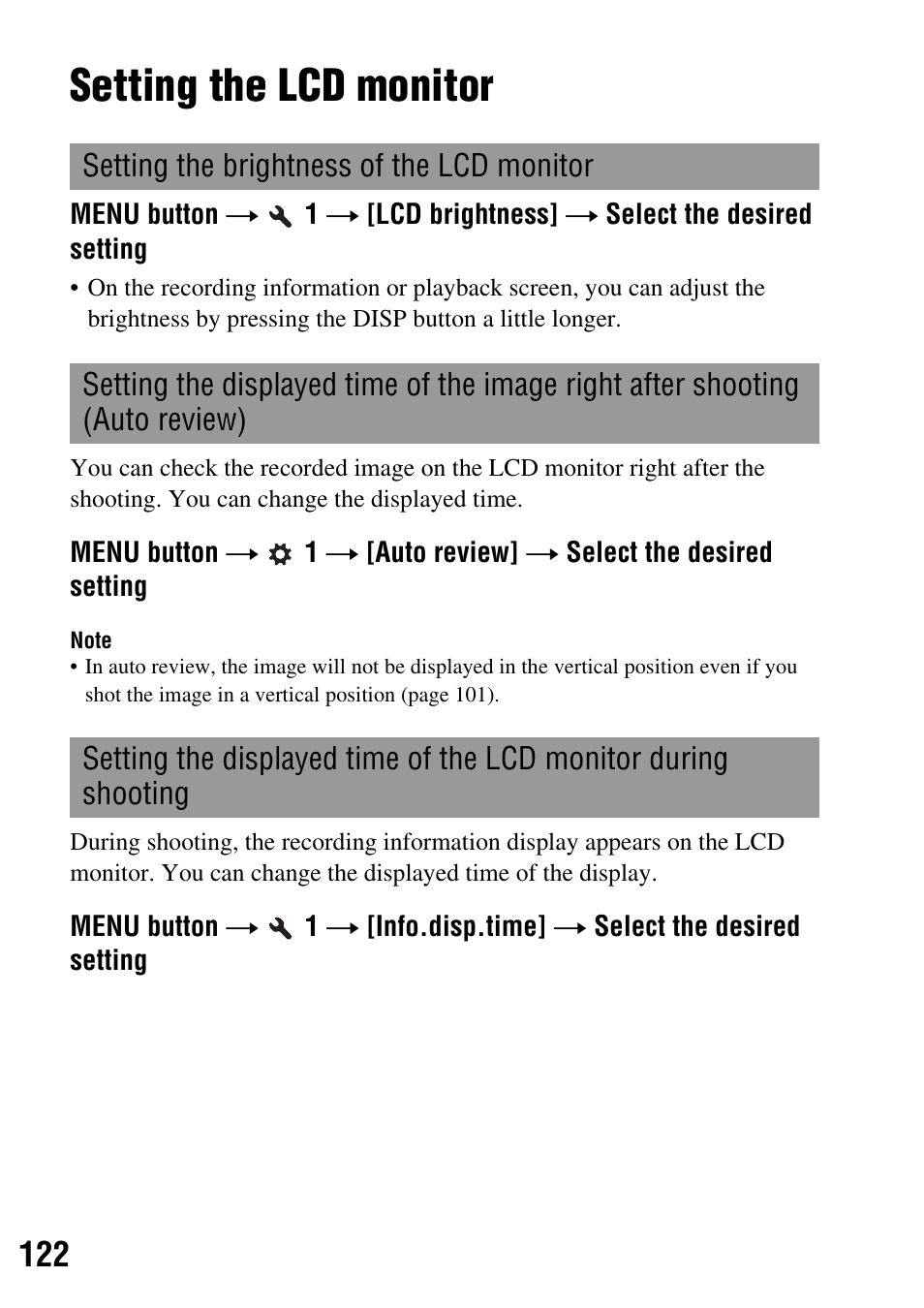 Setting the lcd monitor, Ew (122), E (122) | Sony DSLR-A350 User Manual | Page 122 / 167