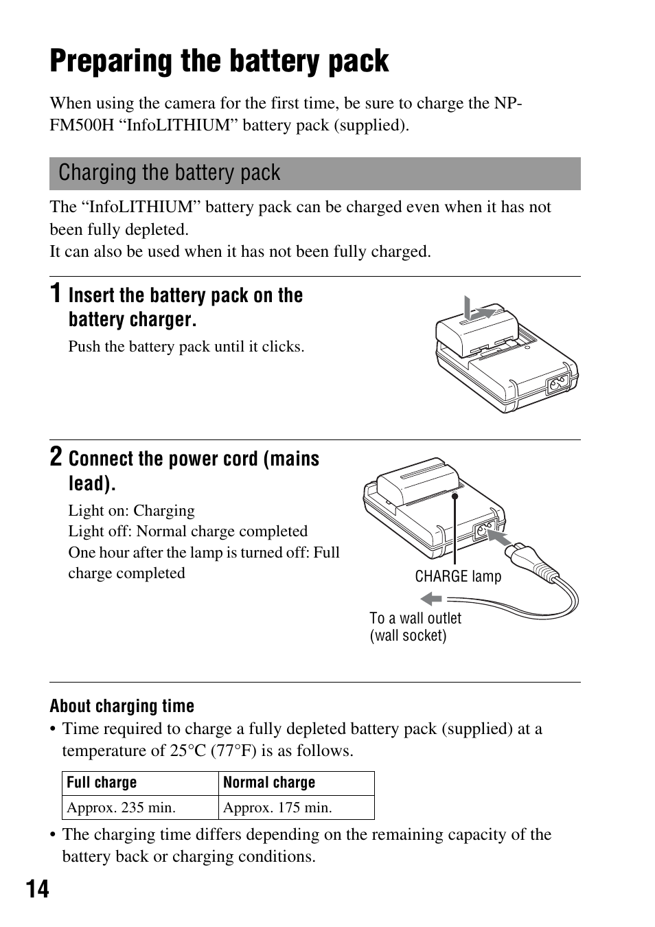 Preparing the battery pack, Charging the battery pack | Sony DSLR-A350 User Manual | Page 14 / 167