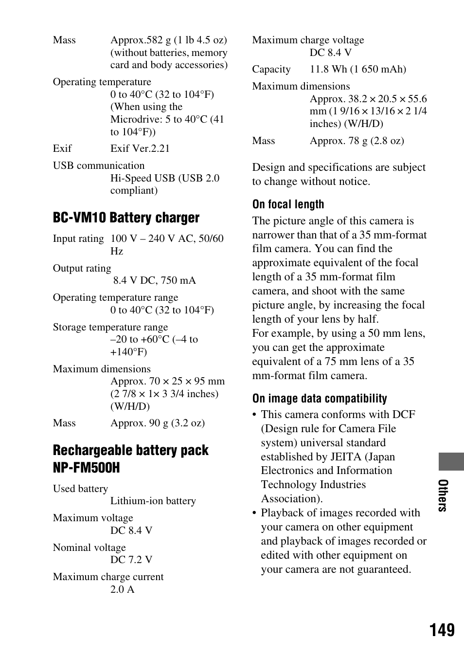 Bc-vm10 battery charger, Rechargeable battery pack np-fm500h | Sony DSLR-A350 User Manual | Page 149 / 167