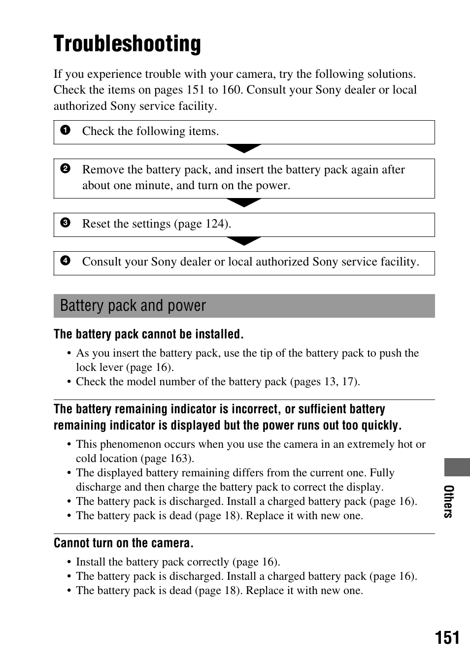 Troubleshooting, Battery pack and power | Sony DSLR-A350 User Manual | Page 151 / 167