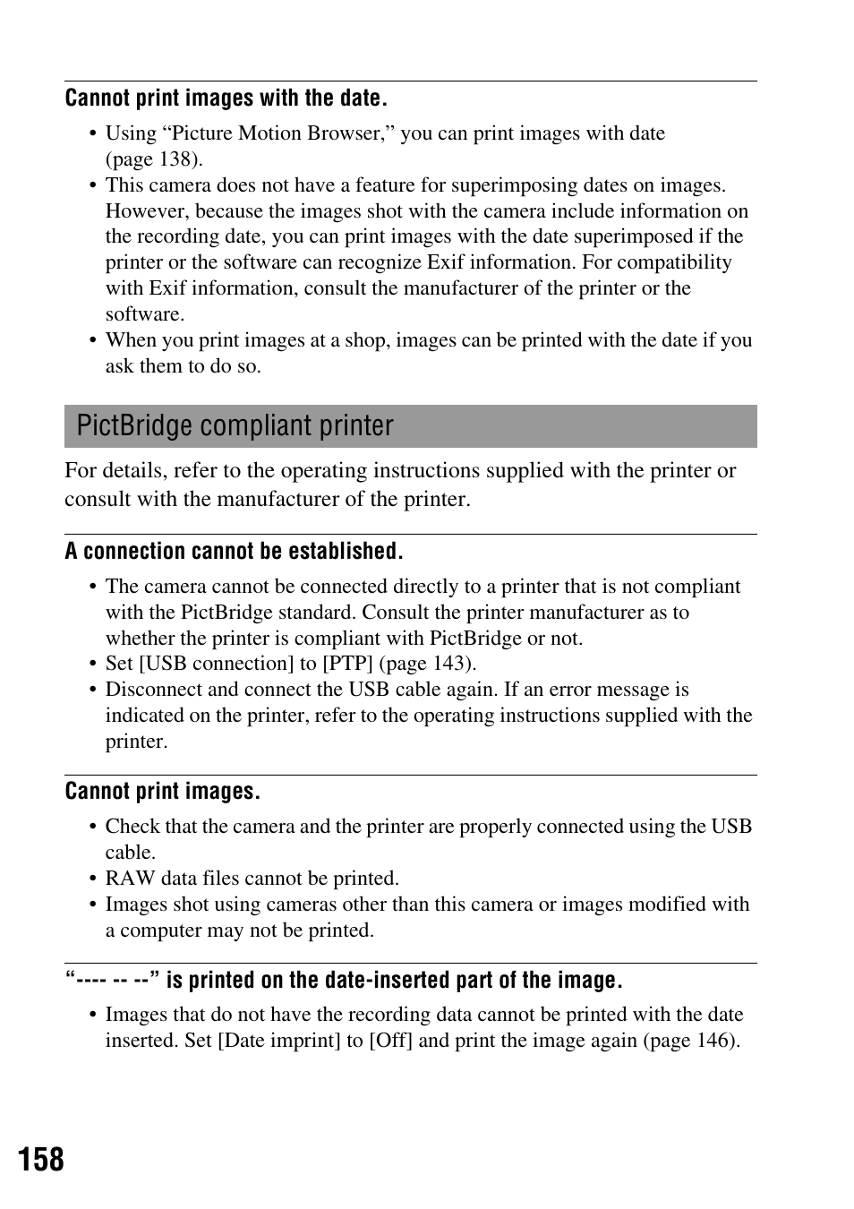 See “pictbridge compliant printer, Pictbridge compliant printer | Sony DSLR-A350 User Manual | Page 158 / 167