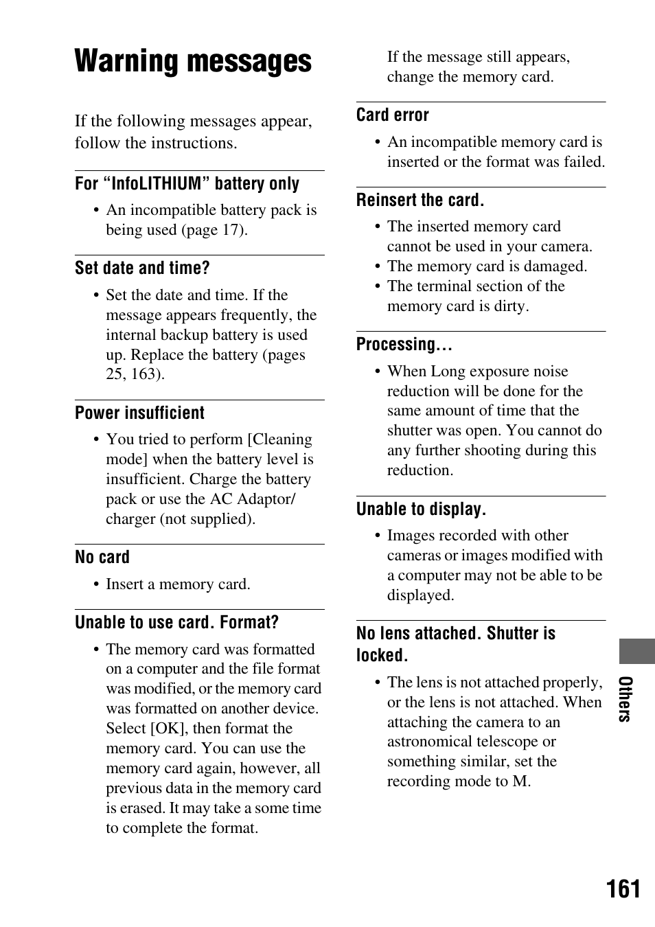 Warning messages | Sony DSLR-A350 User Manual | Page 161 / 167