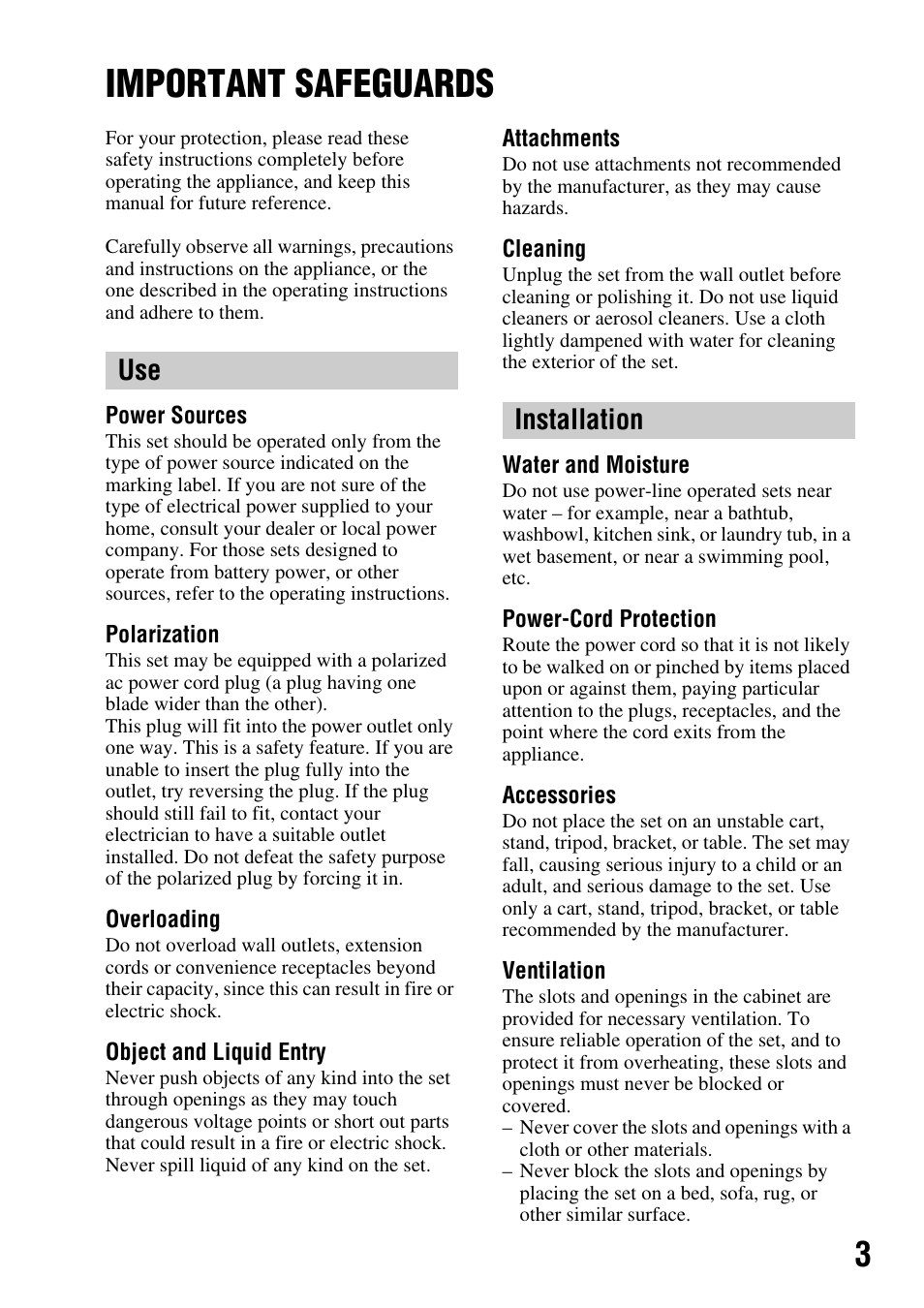 Important safeguards, Use installation | Sony DSLR-A350 User Manual | Page 3 / 167