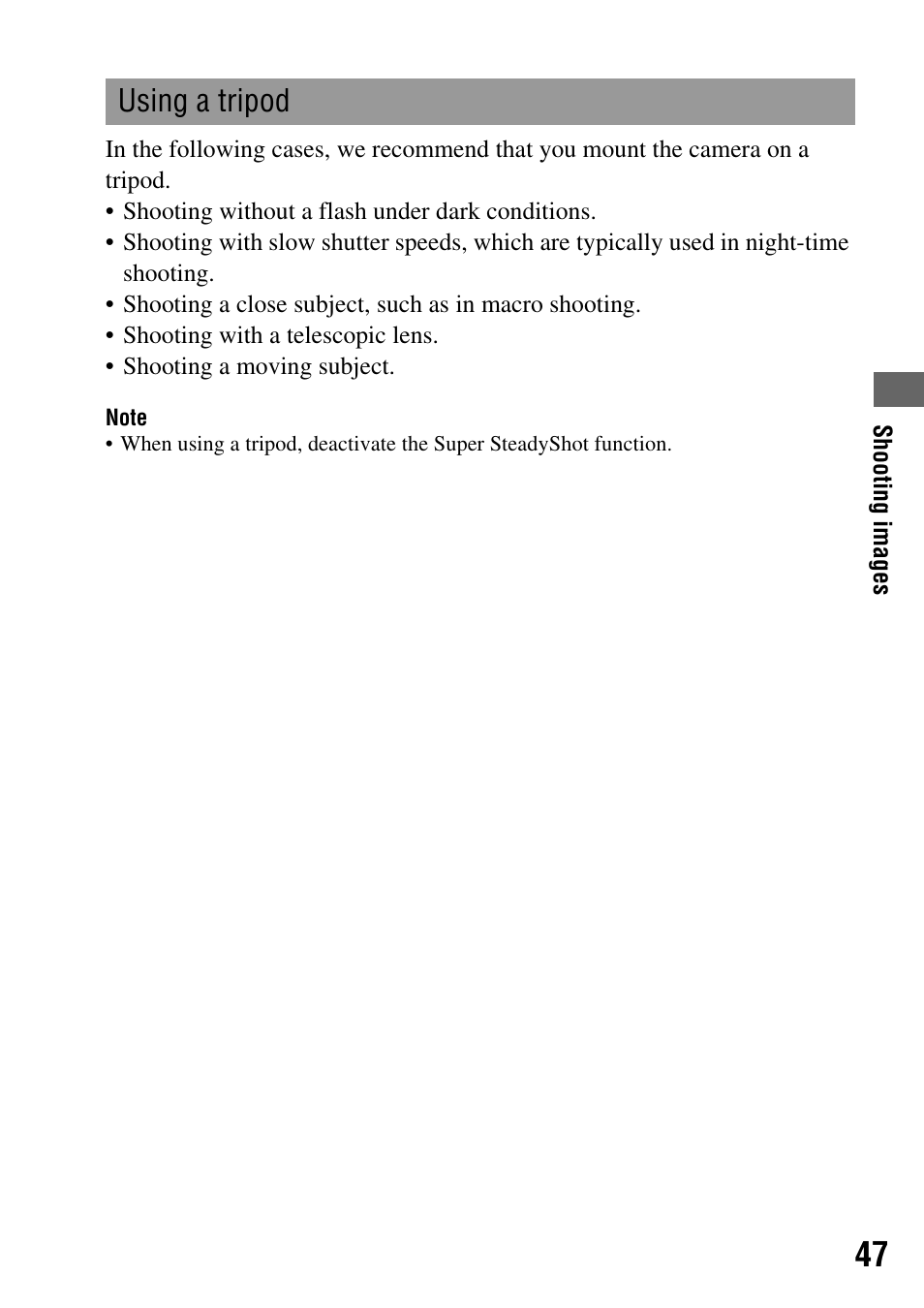 Using a tripod | Sony DSLR-A350 User Manual | Page 47 / 167