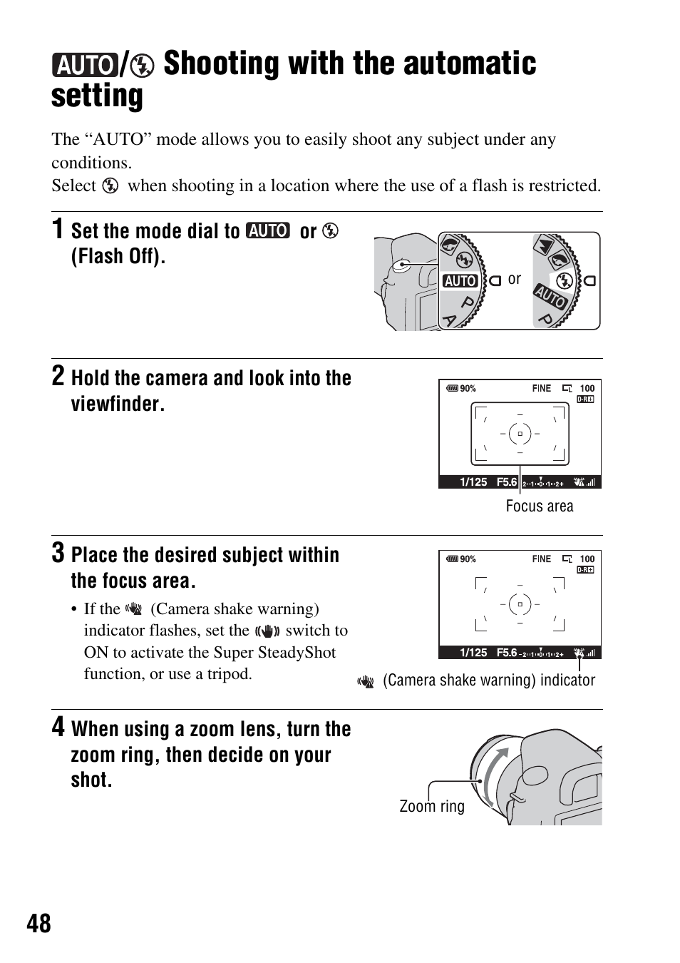 Shooting with the automatic setting, Tton (48), Dial (48) | Al (48) | Sony DSLR-A350 User Manual | Page 48 / 167