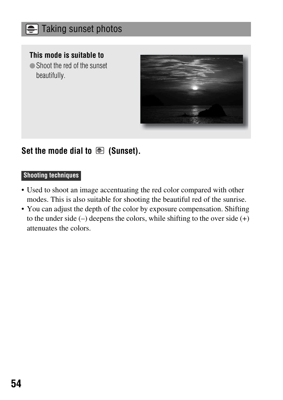 Taking sunset photos | Sony DSLR-A350 User Manual | Page 54 / 167