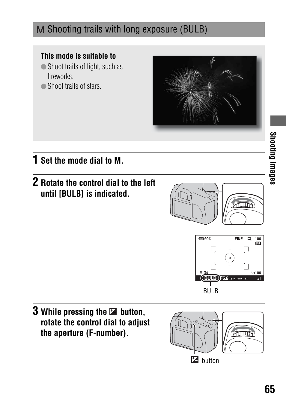 M shooting trails with long exposure (bulb), Shooting trails with long exposure (bulb) | Sony DSLR-A350 User Manual | Page 65 / 167
