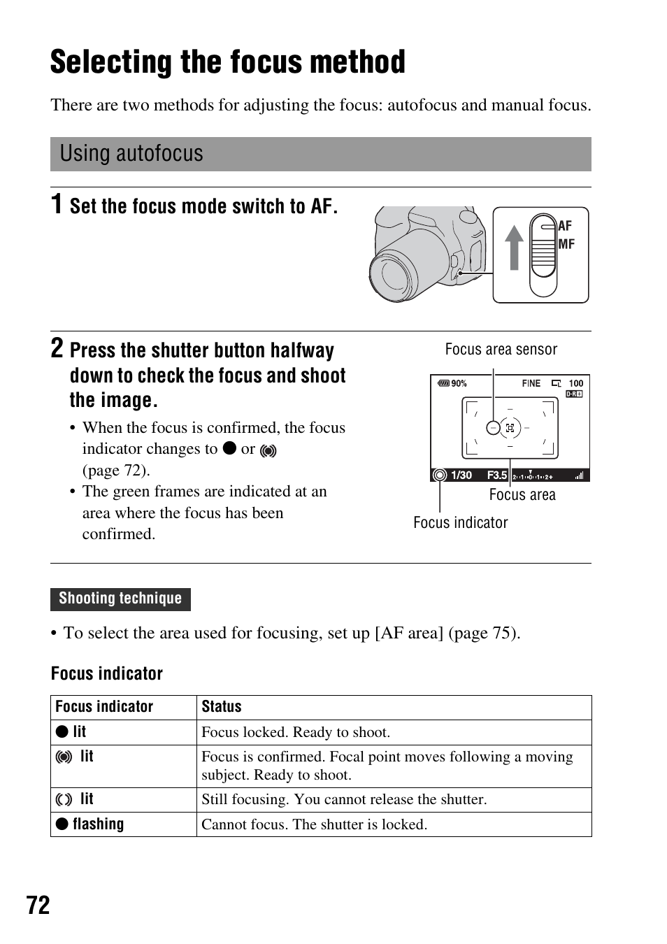Using the shooting function, Selecting the focus method, Using autofocus | Switch (72 | Sony DSLR-A350 User Manual | Page 72 / 167