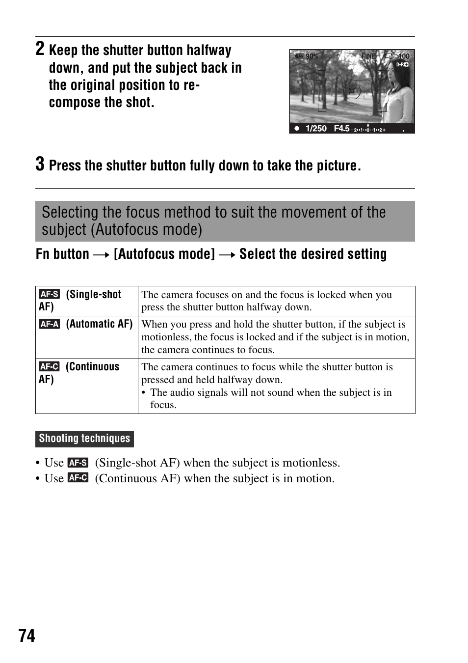 Subject (autofocus mode), De (74) | Sony DSLR-A350 User Manual | Page 74 / 167