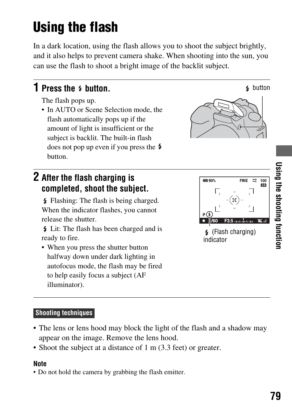 Using the flash, In flash* (79), N (79) | Sony DSLR-A350 User Manual | Page 79 / 167
