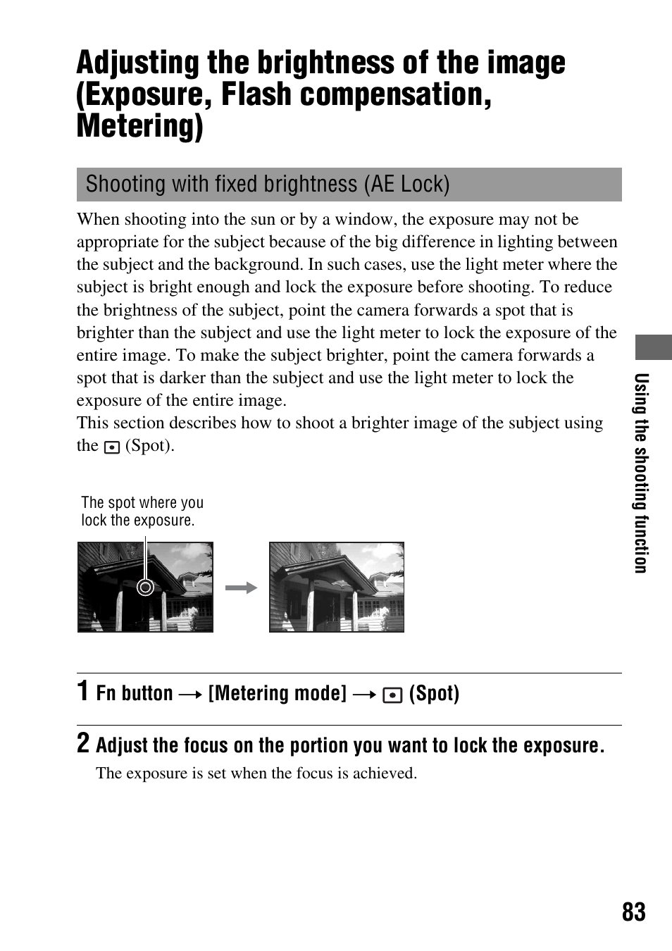 Shooting with fixed brightness (ae lock), Lock (83) | Sony DSLR-A350 User Manual | Page 83 / 167