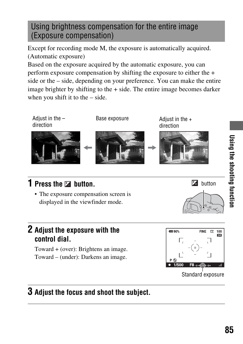 Using brightness compensation for the entire image, Exposure compensation), N (85) | Sony DSLR-A350 User Manual | Page 85 / 167
