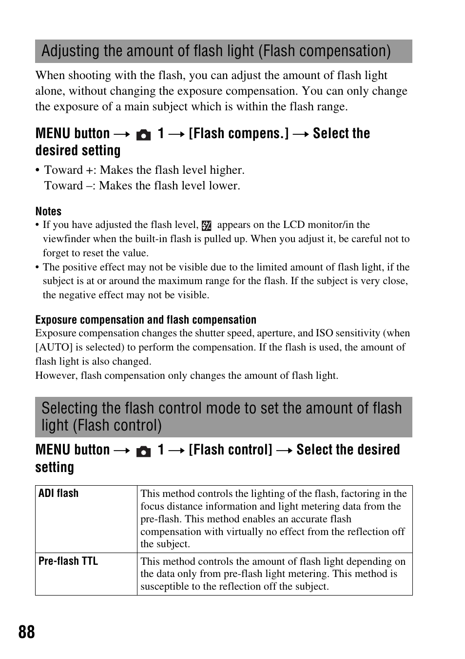 Flash light (flash control), N (88) | Sony DSLR-A350 User Manual | Page 88 / 167