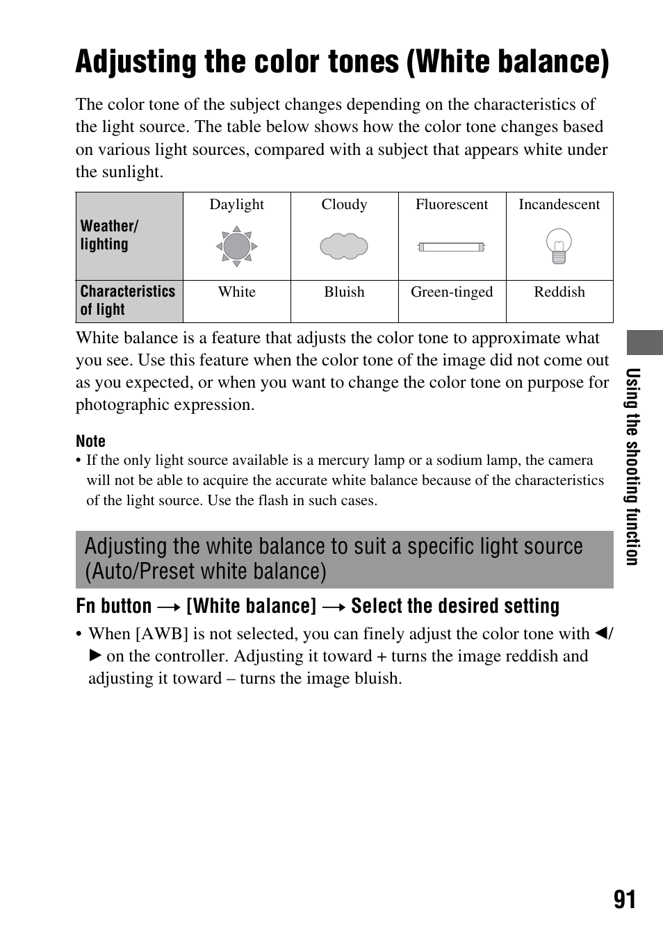 Adjusting the color tones (white balance), Auto/preset white balance) | Sony DSLR-A350 User Manual | Page 91 / 167