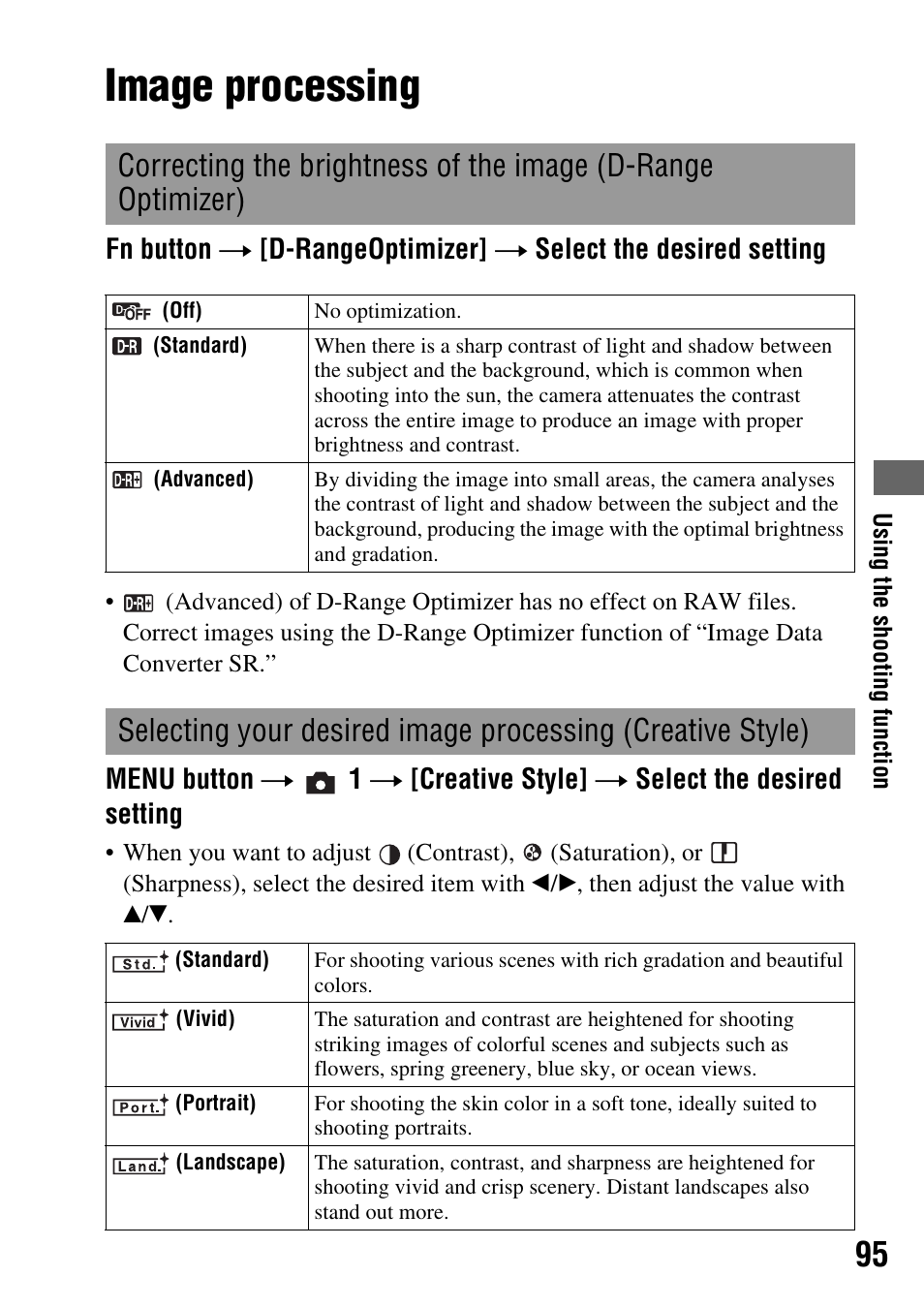 Image processing, Correcting the brightness of the image (d-range, Optimizer) | Zer (95), E (95) | Sony DSLR-A350 User Manual | Page 95 / 167