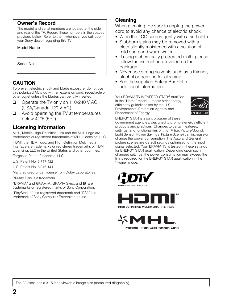 Caution, Licensing information, Cleaning | Owner’s record | Sony KDL-40R450A User Manual | Page 2 / 68