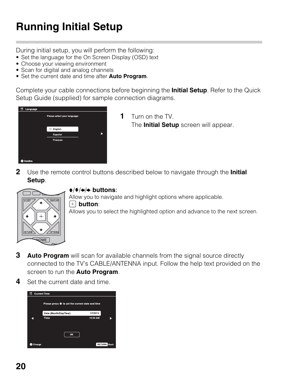 Running initial setup | Sony KDL-40R450A User Manual | Page 20 / 68