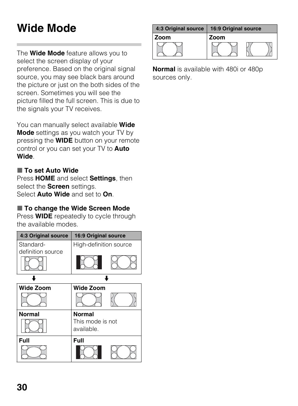 Wide mode | Sony KDL-40R450A User Manual | Page 30 / 68