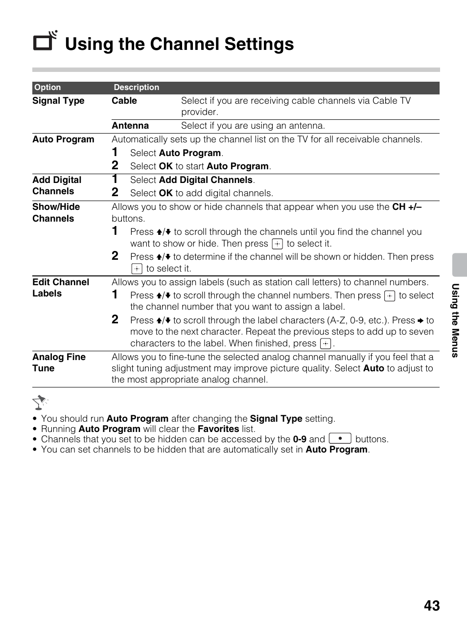 Using the channel settings | Sony KDL-40R450A User Manual | Page 43 / 68