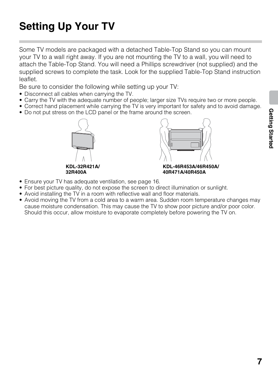 Getting started, Setting up your tv | Sony KDL-40R450A User Manual | Page 7 / 68
