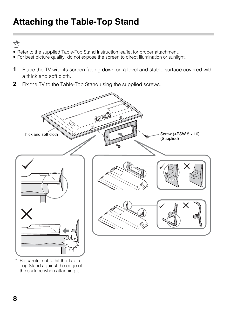 Attaching the table-top stand | Sony KDL-40R450A User Manual | Page 8 / 68