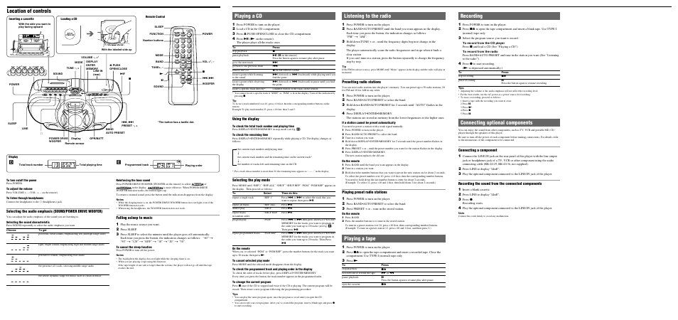 Listening to the radio, Playing a tape, Location of controls | Playing a cd, Recording, Connecting optional components, Presetting radio stations, Playing preset radio stations 1, Falling asleep to music 1, Using the display | Sony CFD-G55 User Manual | Page 2 / 2