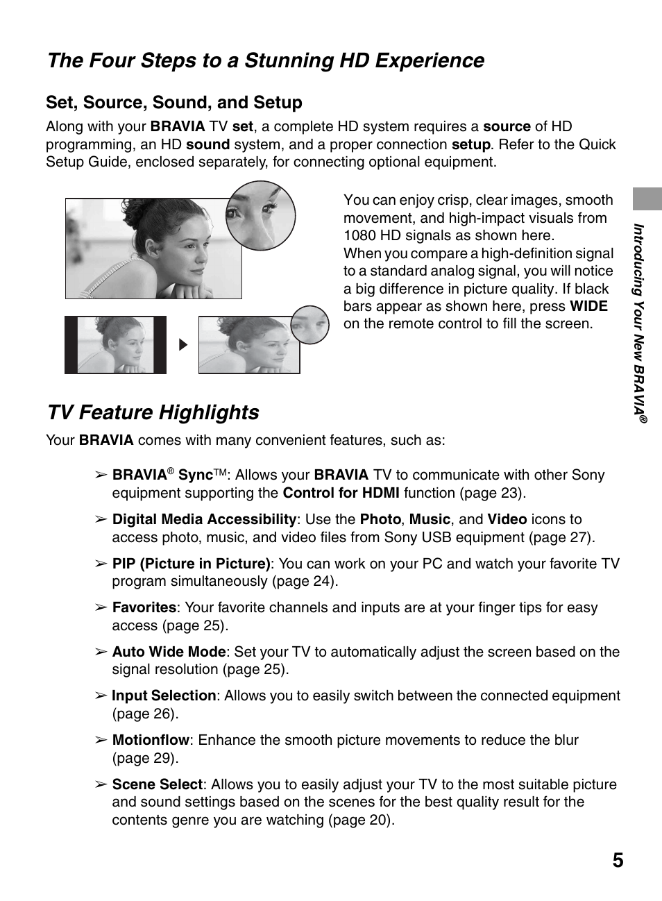 The four steps to a stunning hd experience, Tv feature highlights, The four steps to a stunning hd | Experience, Set, source, sound, and setup | Sony KDL-55BX520 User Manual | Page 5 / 60
