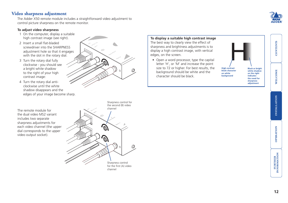 Video sharpness adjustment, Video.sharpness.adjustment | Adder Technology X50 User Manual | Page 13 / 18