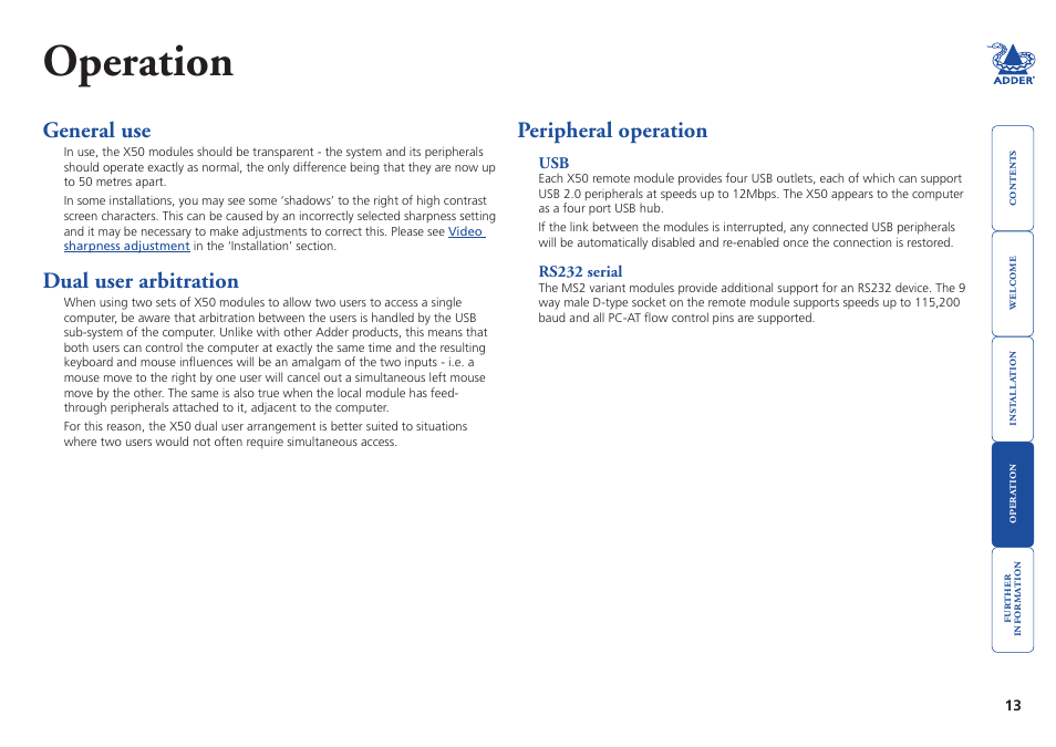 Operation, General use, Dual user arbitration | Peripheral operation, Tion | Adder Technology X50 User Manual | Page 14 / 18