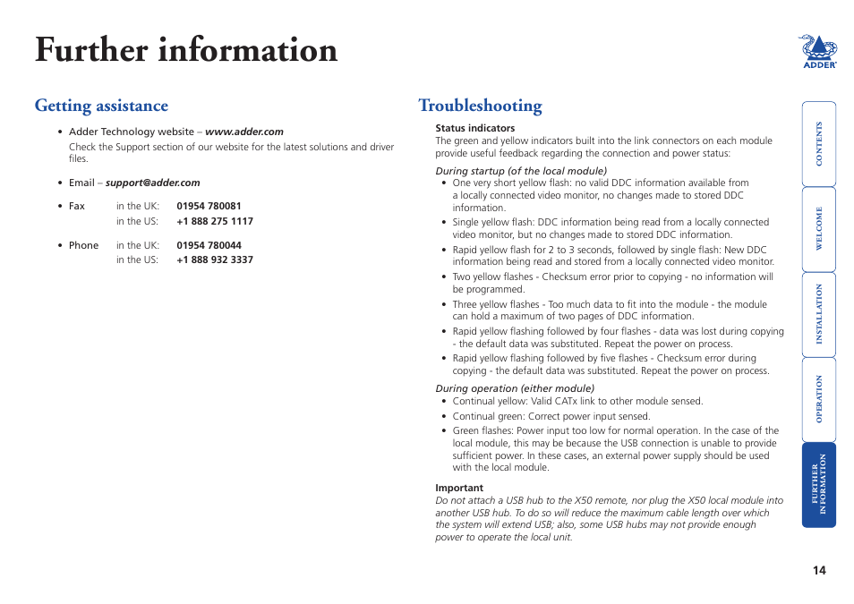 Further information, Getting assistance, Troubleshooting | Orma, Tion, Getting.assistance troubleshooting | Adder Technology X50 User Manual | Page 15 / 18