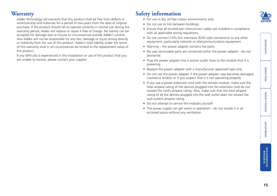 Warranty, Safety information, Warranty safety.information | Adder Technology X50 User Manual | Page 16 / 18