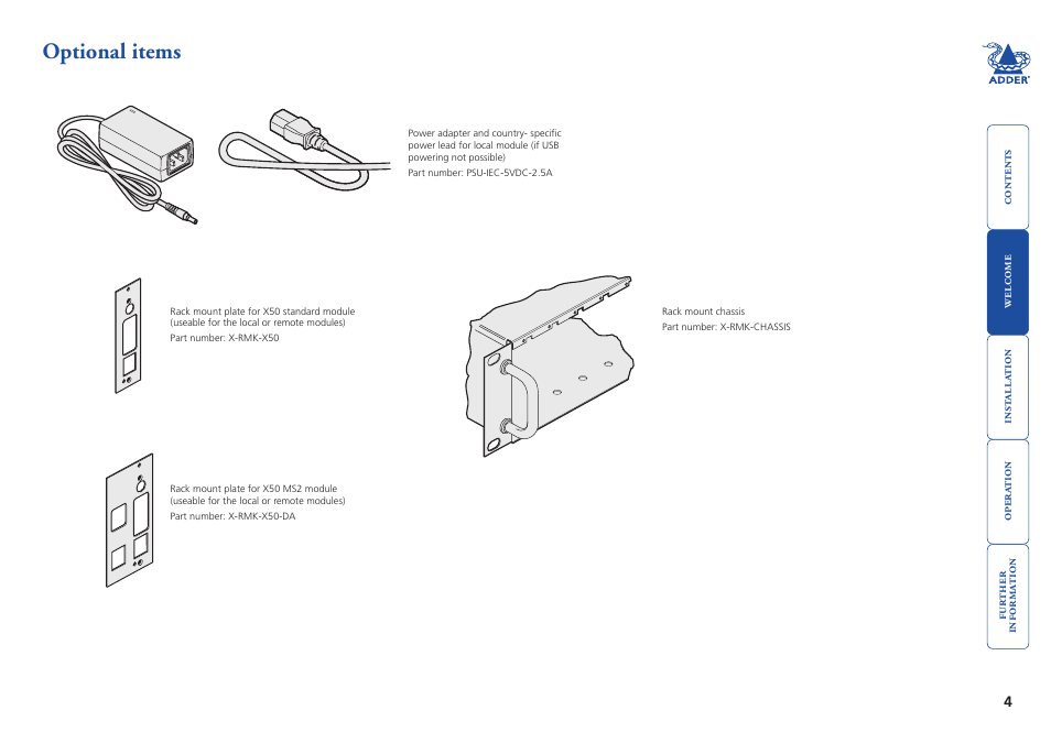 Optional items, Optional.items | Adder Technology X50 User Manual | Page 5 / 18