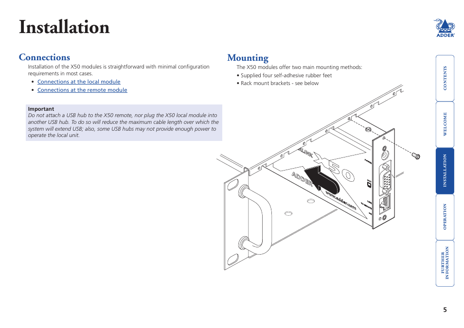 Installation, Connections, Mounting | Inst, Ation, Connections mounting | Adder Technology X50 User Manual | Page 6 / 18