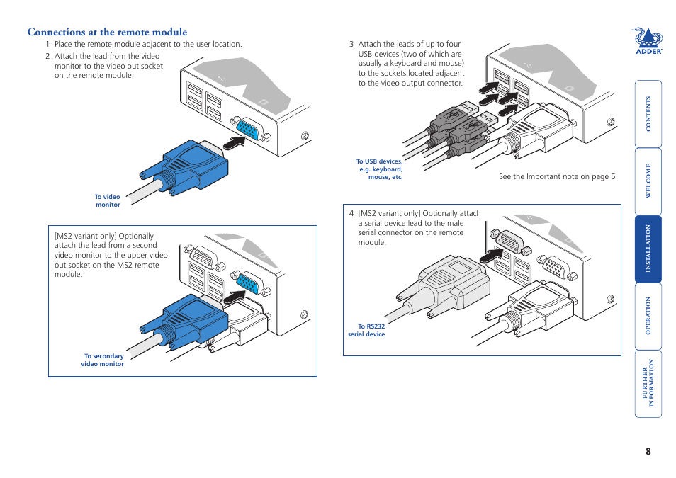 Connections at the remote module, Connections.at.the.remote.module | Adder Technology X50 User Manual | Page 9 / 18