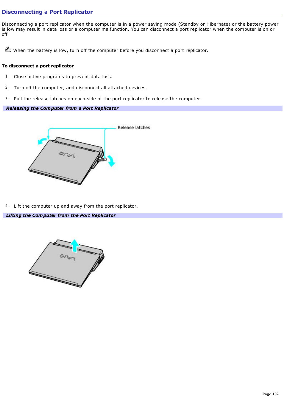 Disconnecting a port replicator | Sony VGN-B100P User Manual | Page 102 / 205