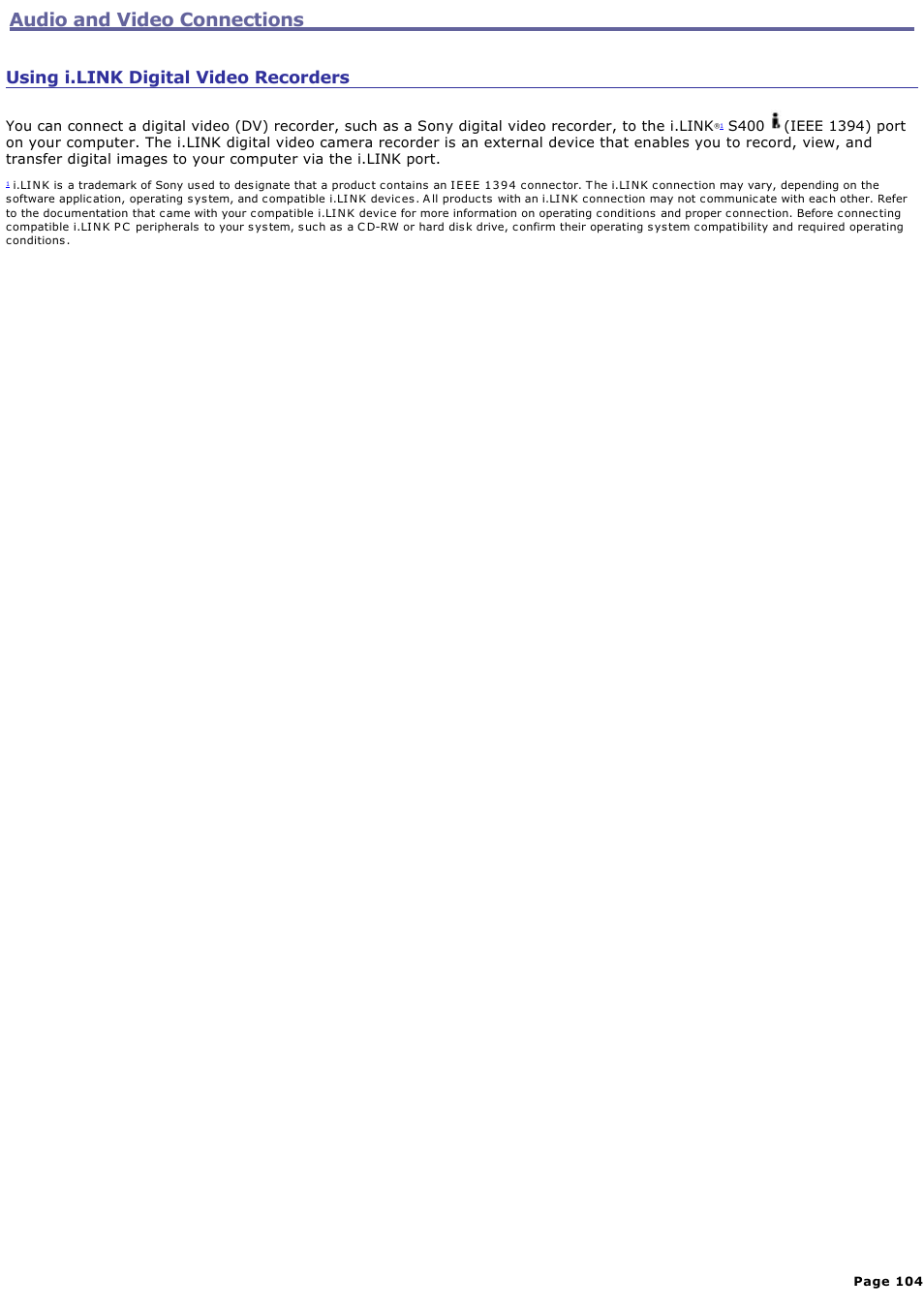 Using i.link digital video recorders, Audio and video connections | Sony VGN-B100P User Manual | Page 104 / 205
